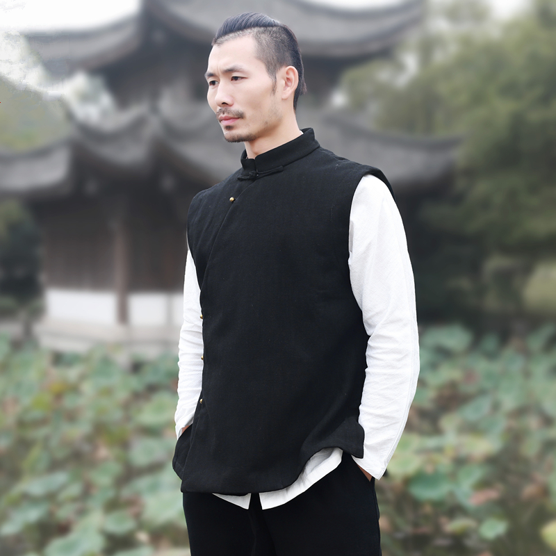 秋冬中国风男装唐装马甲复古民国盘扣上衣加绒中式亚麻居士禅茶服