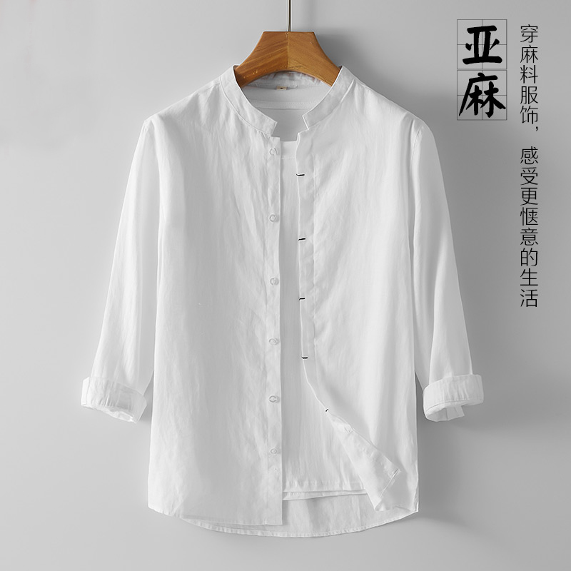日系薄款亚麻七分中袖衬衫男士休闲宽松棉麻料上衣小清新立领衬衣