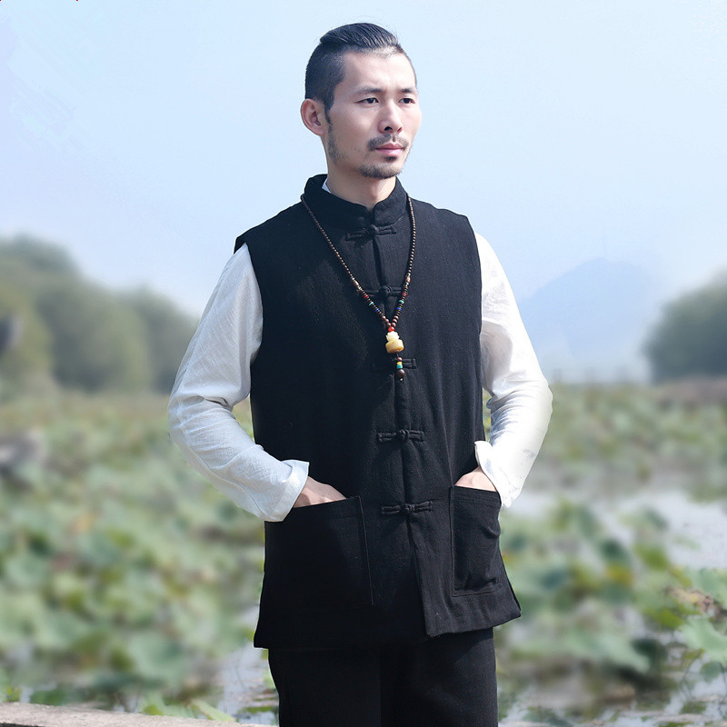 冬季中国风男装唐装棉马甲背心加厚苎麻盘扣外套中式坎肩居士茶服