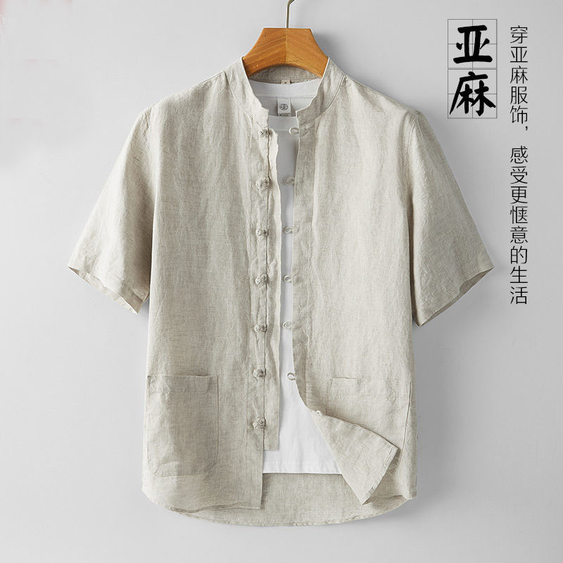 100%纯亚麻短袖衬衫男夏季薄款复古中式盘扣衬衣立领麻料唐装上衣