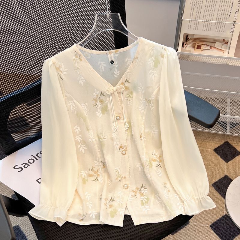  新中式国风盘扣长袖衬衫女2025新款v领碎花上衣独特绝美小衫