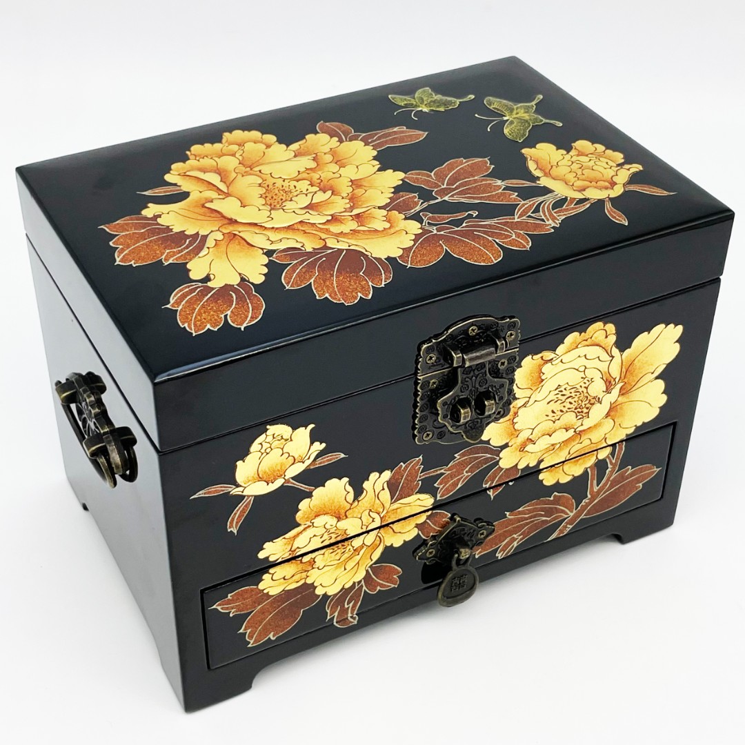 21#三层抽屉贴金牡丹传统罩漆工艺漆器首饰盒大小牡丹图