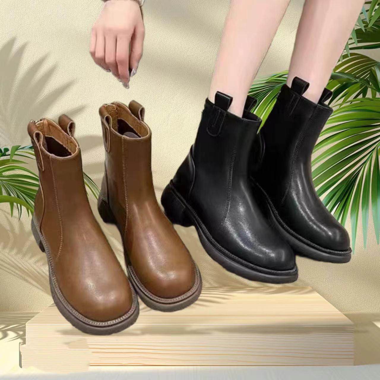 真皮中跟英伦风女圆头休闲时尚低跟短筒马丁靴百搭复古加绒潮流