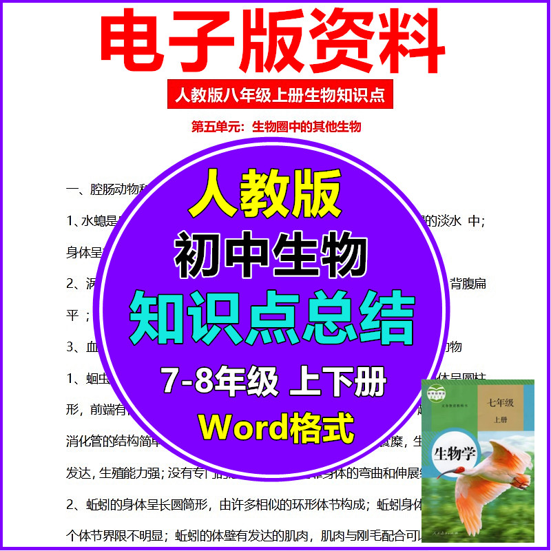 人教版初中考生物知识点总结七八年级上下册期末复习电子版资料