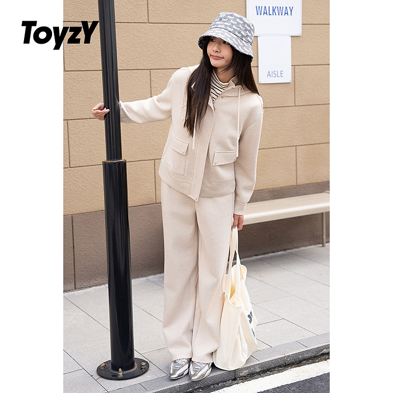 ToyzY羊毛混纺CleanFit燕麦色宽松直筒裤女ZC34520430