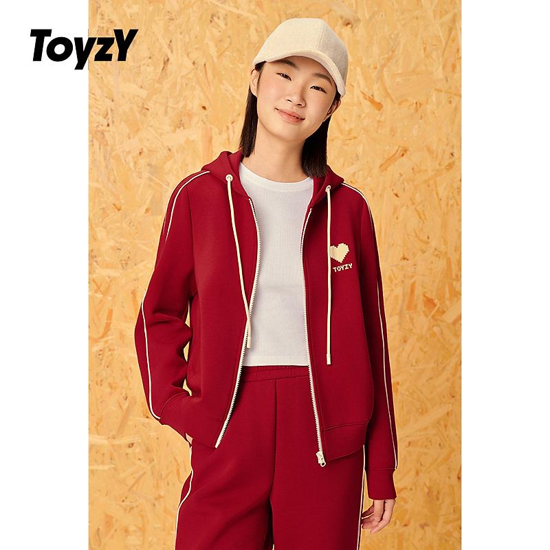 ToyzY秋新款正红色羊毛空气层连帽卫衣外套女ZC34510730