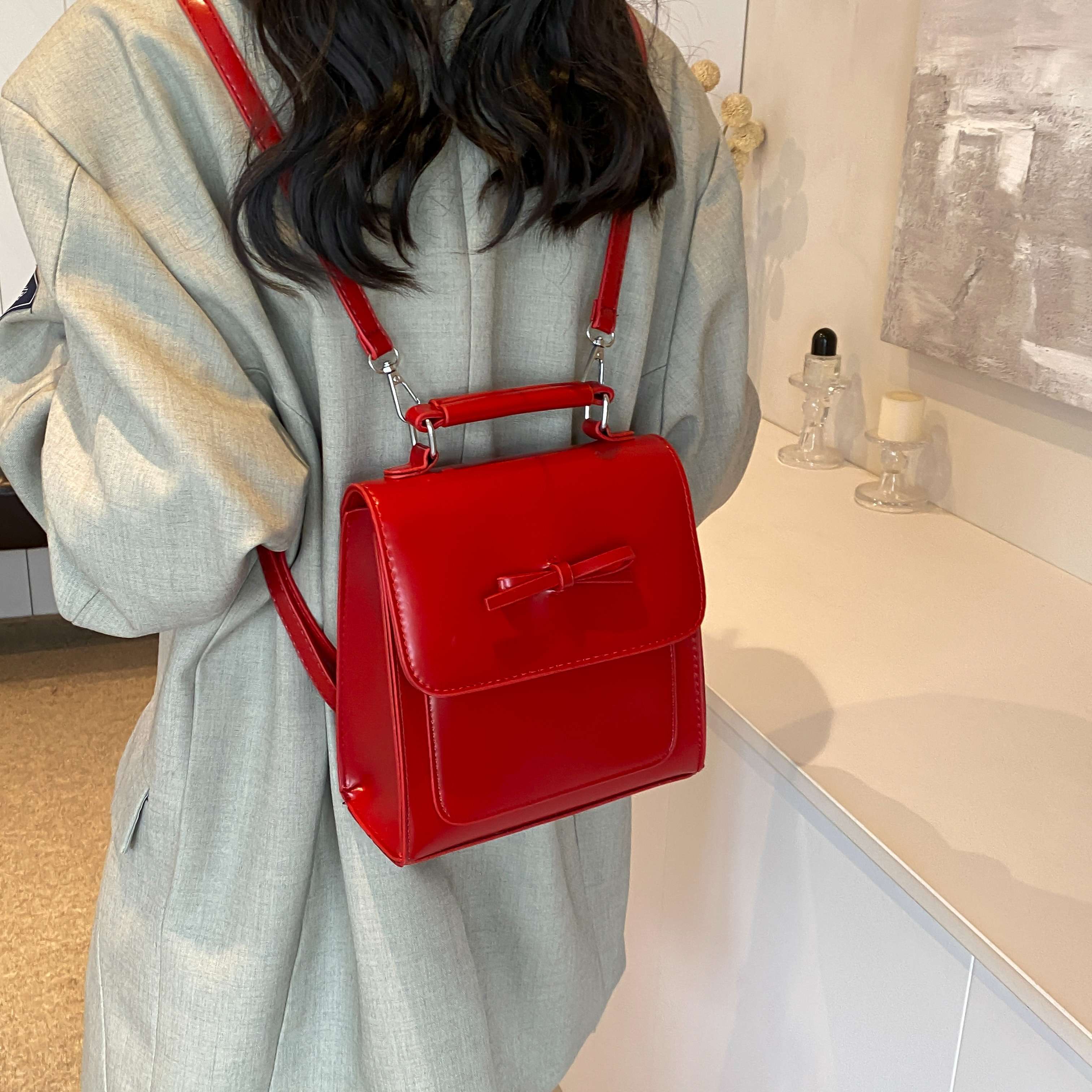 韩国手提红色包包女式2024新款潮时尚双肩包学院风百搭单肩背包