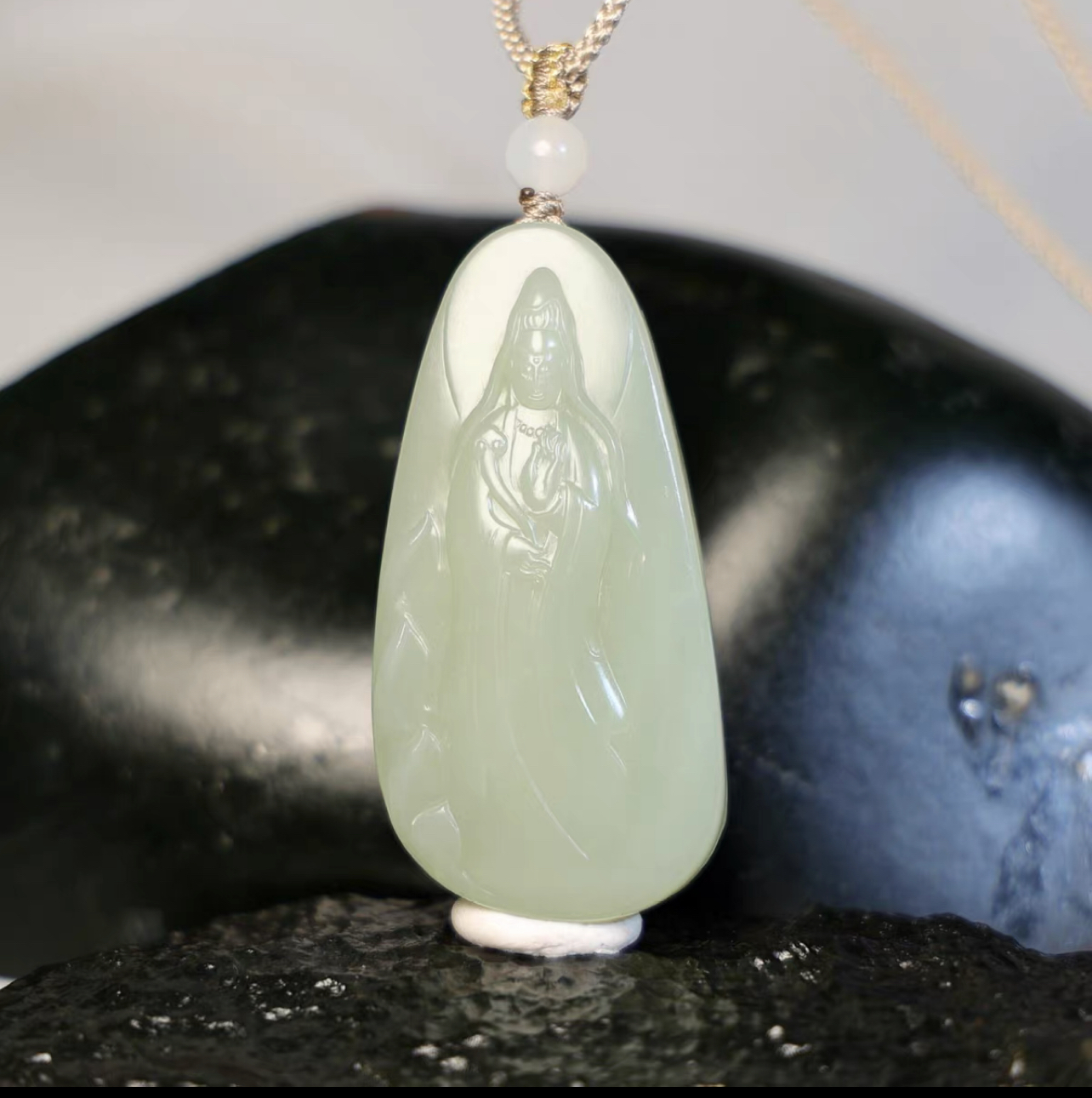秋会长的新疆天然和田玉青玉籽观音牌观自在挂件吊坠