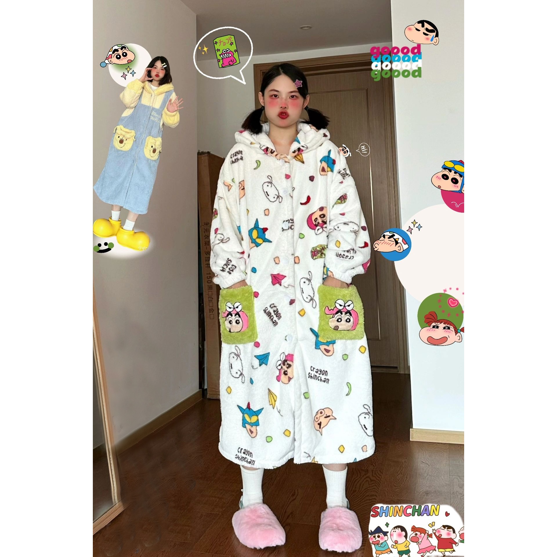 可爱蜡笔小新印花珊瑚绒睡衣女冬款新款加绒加厚法兰绒家居服套装