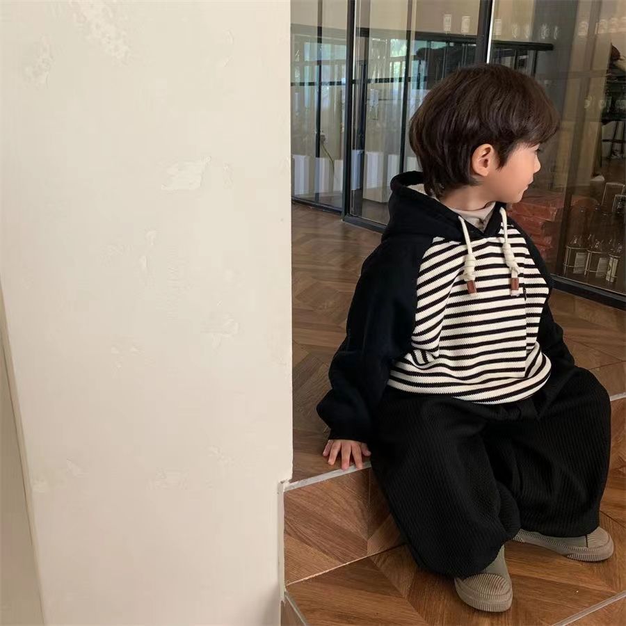 男童卫衣2023秋冬新款条纹连帽卫衣男女宝宝加绒加厚套头上衣外套
