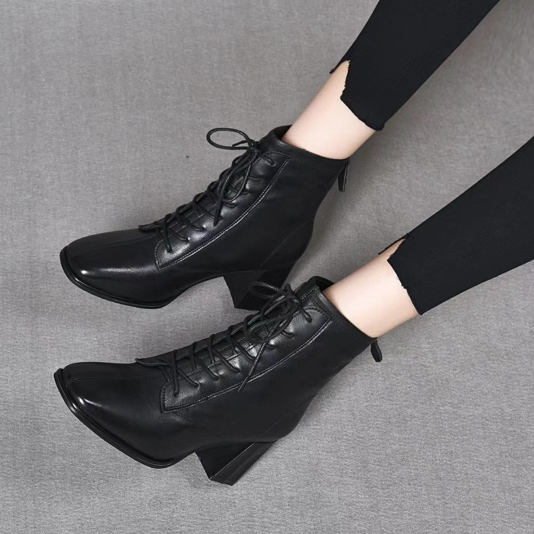 真皮方头粗跟系带网红马丁靴女2023年秋冬新款时尚百搭英伦风靴子