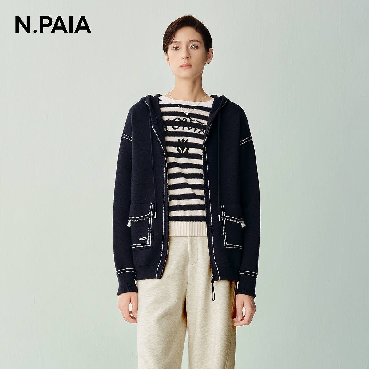 恩派雅2024秋新款绵羊毛撞色明线毛絮边毛针织衫短外套XNJAW9111A