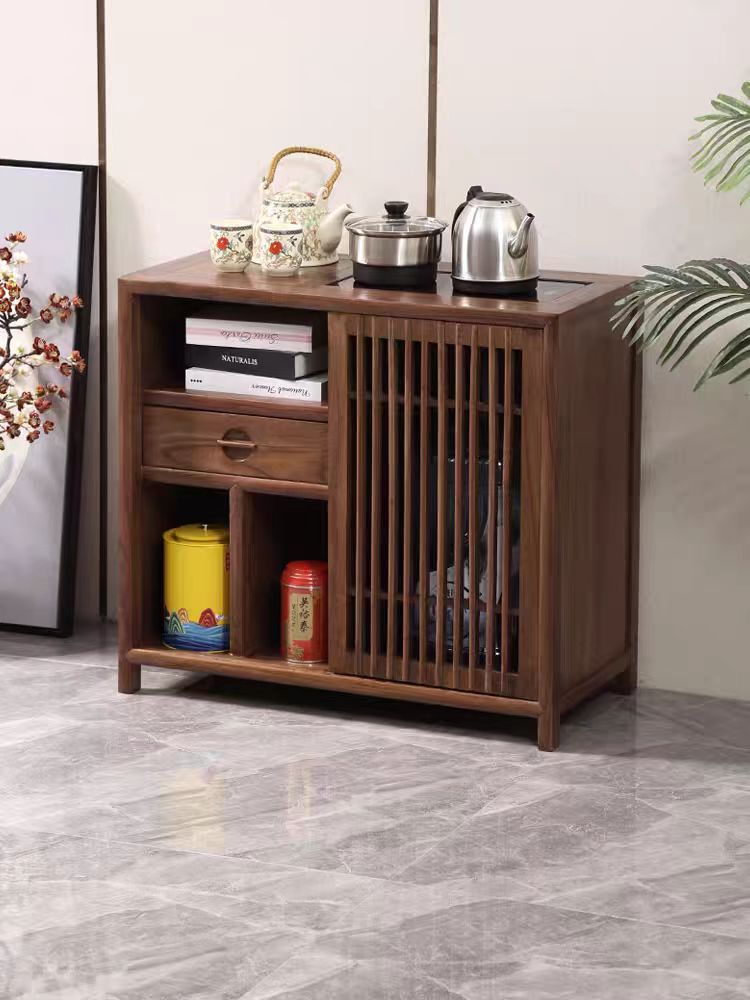 茶水柜客厅实木中式古典电磁炉烧水台一体储物柜下置水桶移动榆木