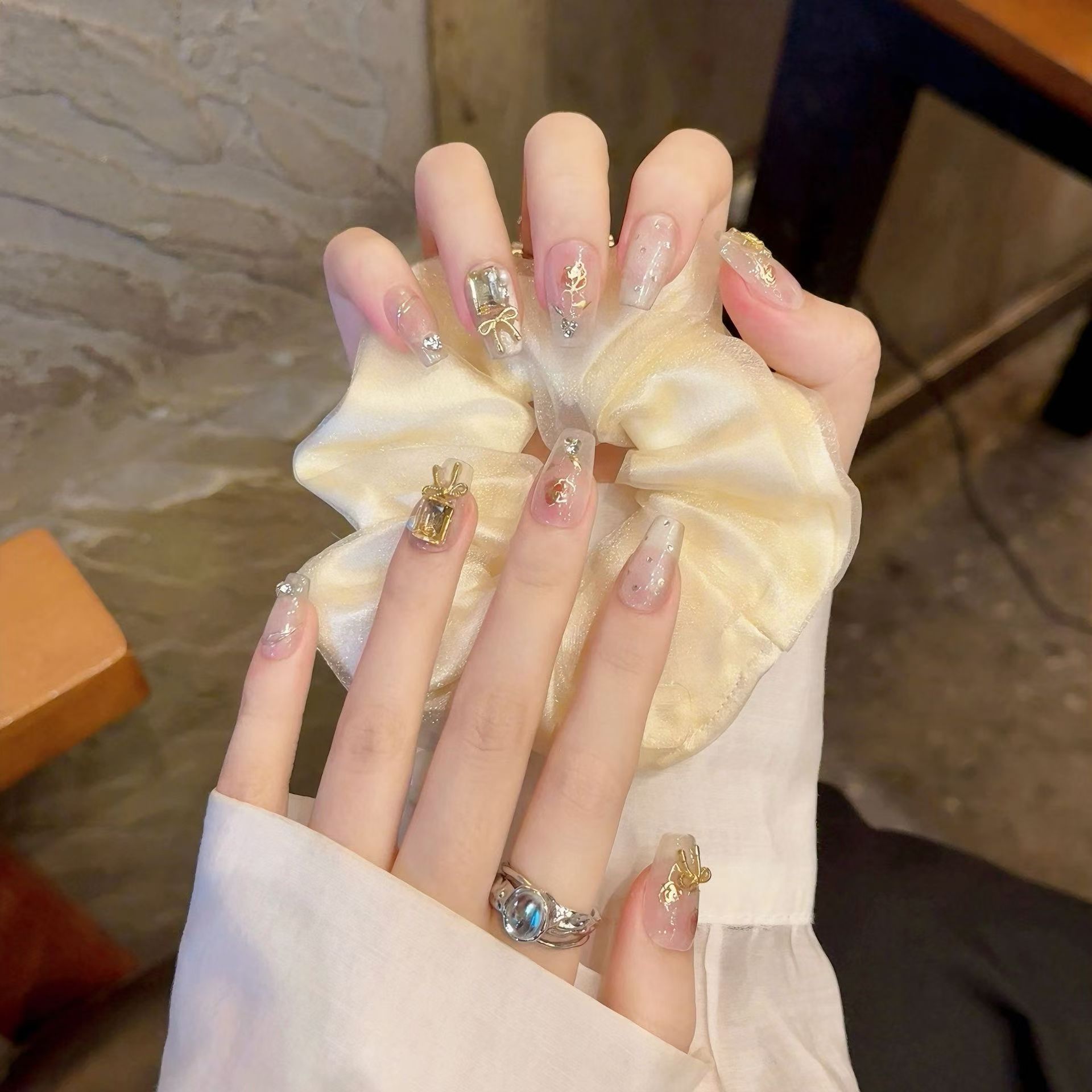 D【玫瑰的故事】纯手工高奢长款美甲鎏金边玫瑰猫眼可拆卸穿戴甲