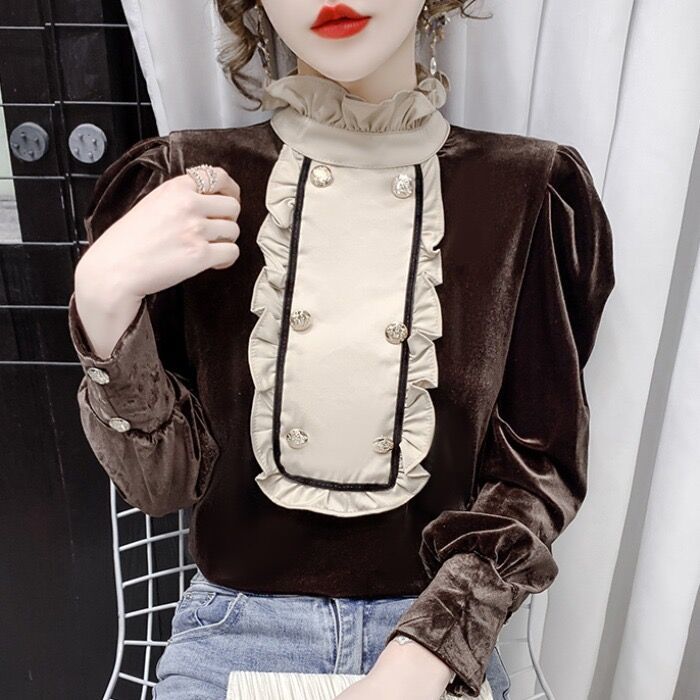 金丝绒法式衬衫女设计感小众秋冬2023新款复古宫廷风打底长袖上衣