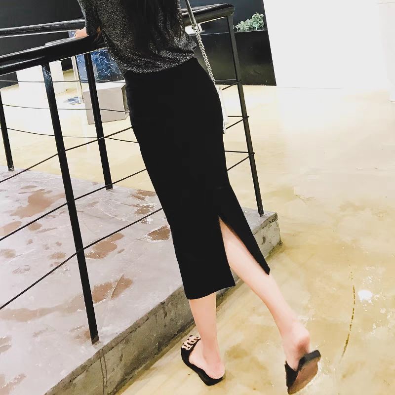后开叉包臀裙中长裙女2024春秋气质高腰显瘦黑色一步裙半身裙子薄