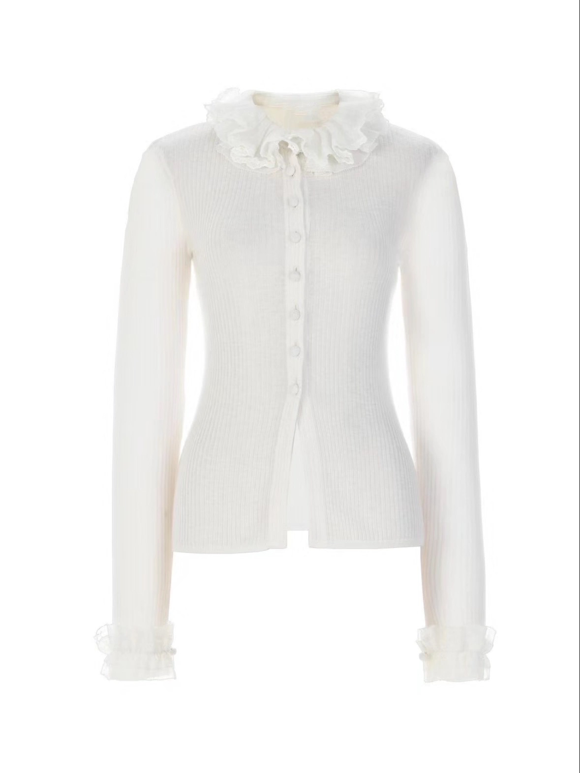 花颜荷叶领拼接雾凇灰针织修身上衣秋冬百搭打底衫