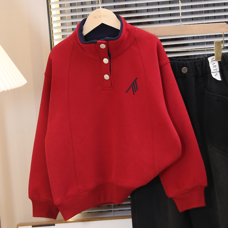 儿童装男童冬季红色一体加绒卫衣2024新款中大童加厚本命年拜年服