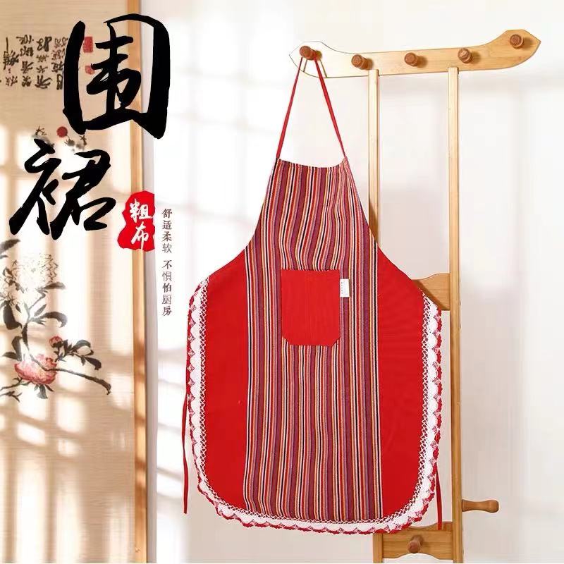 加厚纯棉老粗布围裙家务做饭防污条纹洋气无袖