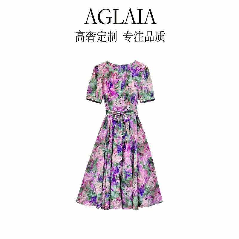9297~Aglaia法式高奢2025夏季气质优雅收腰显瘦圆领短袖连衣裙女