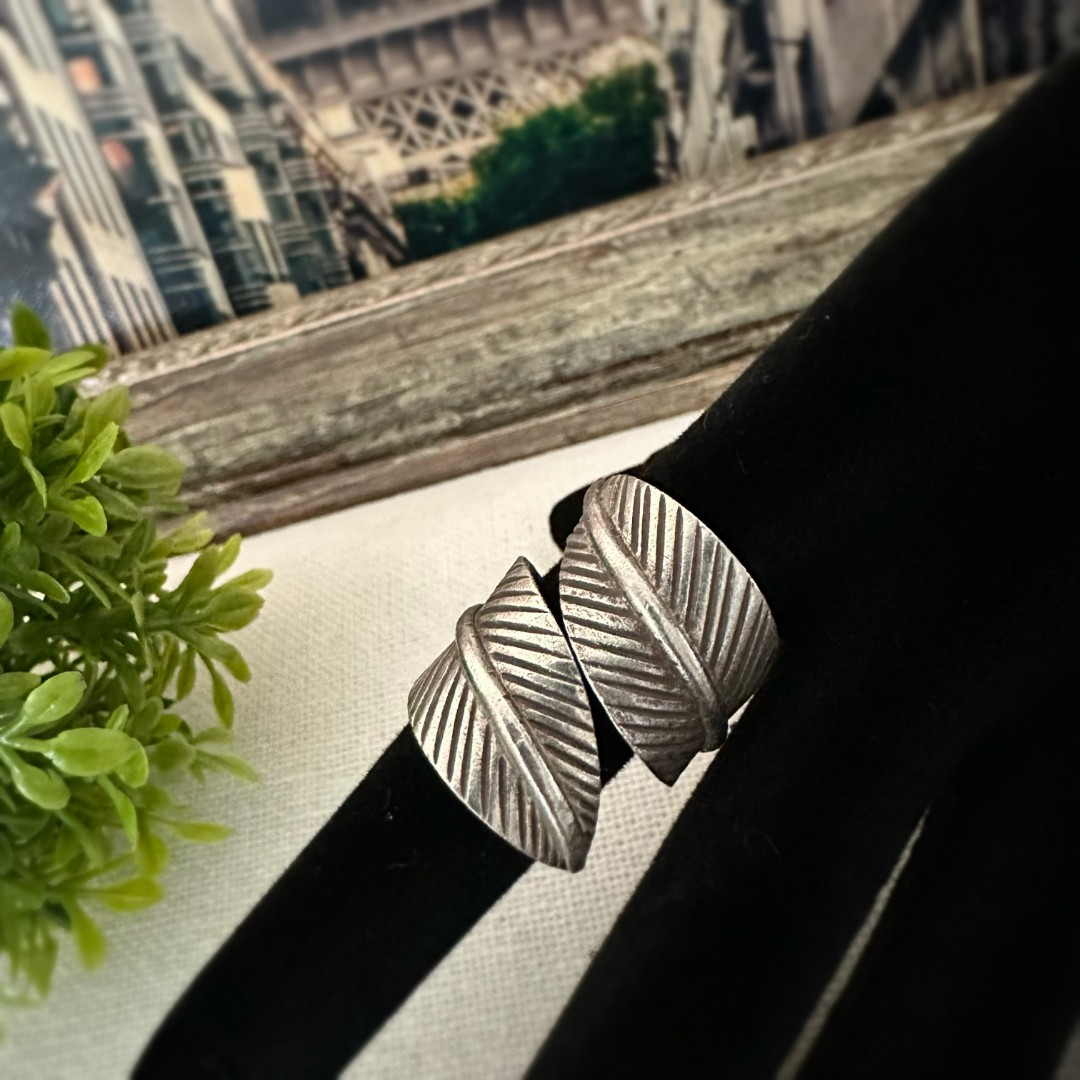 足银戒指 Qm0054足银戒指双树叶泰银手工做旧民族风纯银可调节