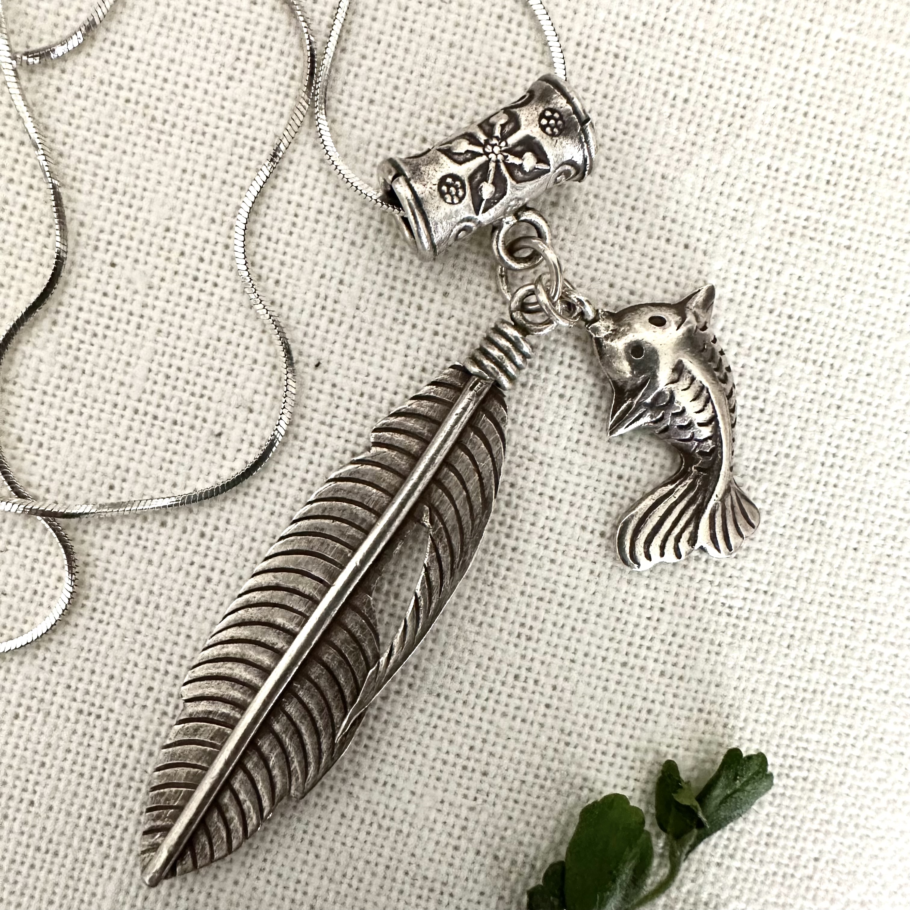 吊坠足银 Qm0011羽毛吊坠鱼泰银项链泰国纯手工纯银做旧男女