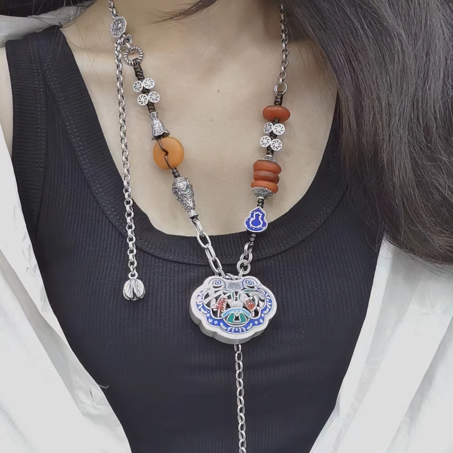 S925银 手工DIY复古民族风国潮风天然蜜蜡编织重工如意锁项链0370