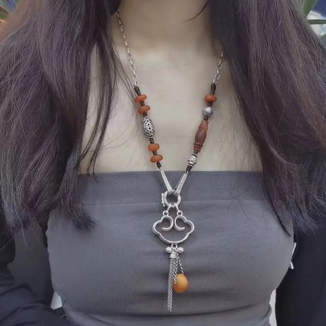 S925银高档鸡油红蜜蜡项链纯手工重工复古项链民族风如意毛衣链 