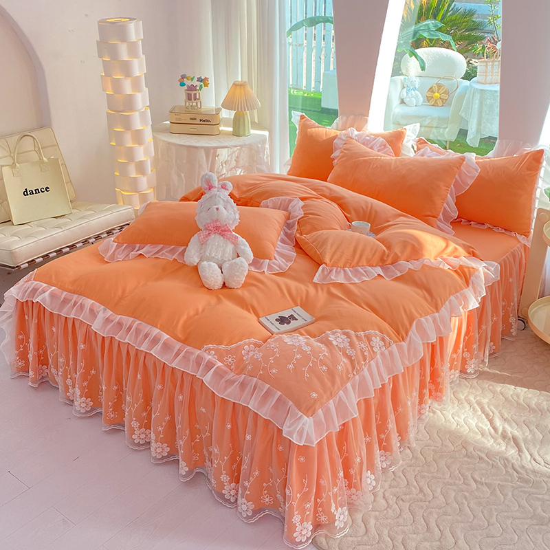 2024韩版花边纯色床裙四件套少女心公主风韩式加厚被套床上用品