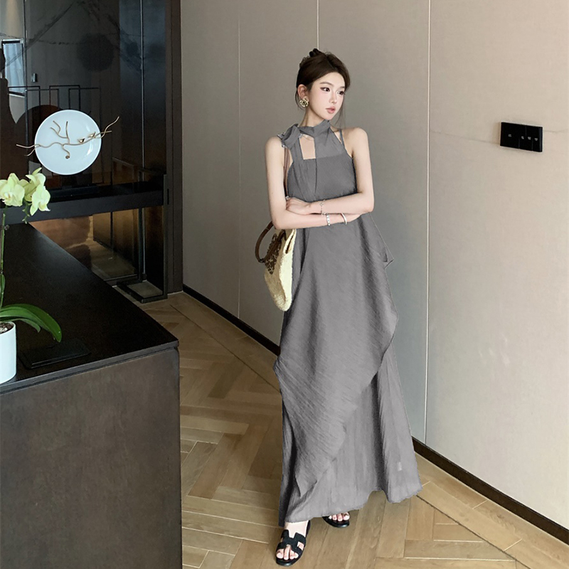 设计感不规则挂脖绑带上衣+吊带长裙 套装