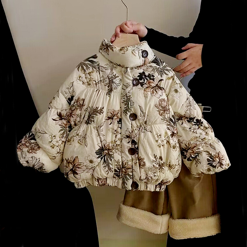 女童加绒加厚保暖复古花朵外套2023冬装女宝宝加厚棉衣棉服棉袄潮