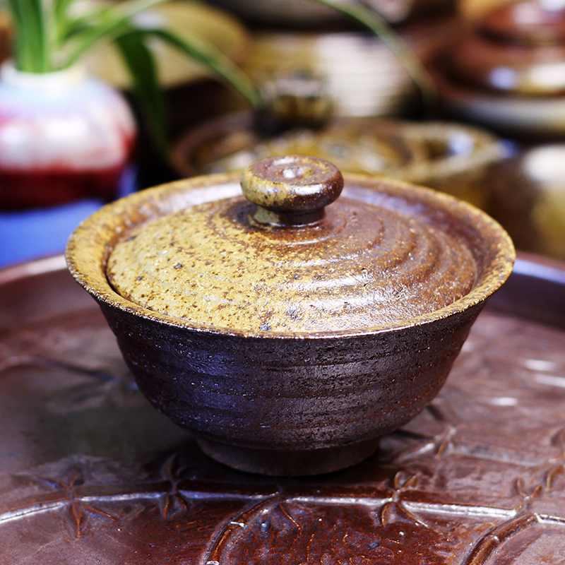  云南潦浒龙窑纯手工柴烧盖碗二才茶具自然落灰大码功夫茶泡茶碗