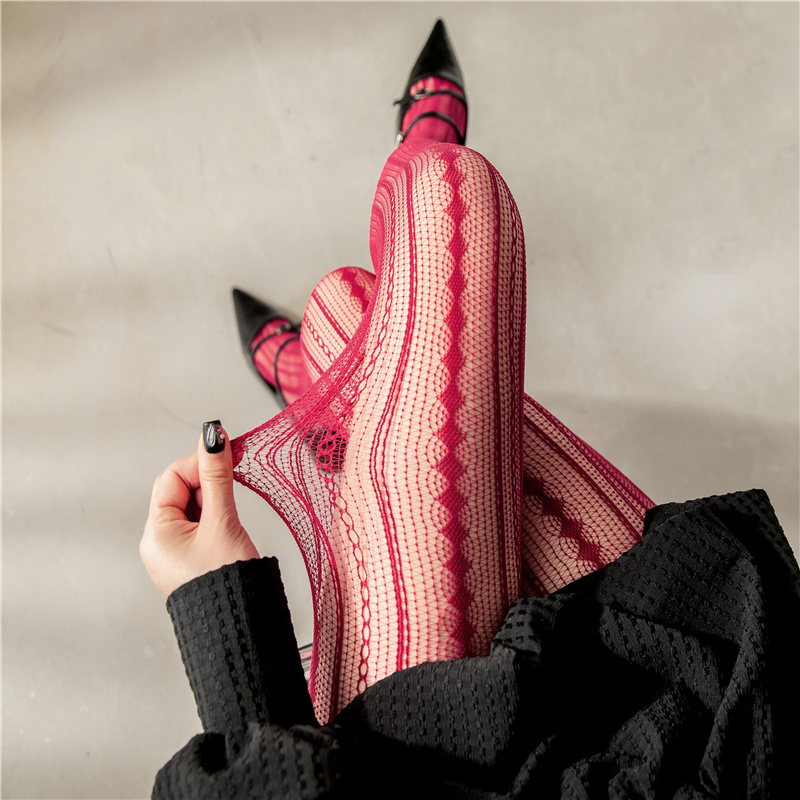 酒红色丝袜女款安可拉红袜子性感蕾丝镂空连裤袜美拉德咖色打底裤