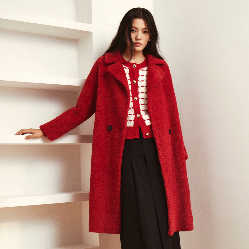 LIME/莱茵秋冬新款羊剪绒质感中长大衣中国红粉紫色LMED8BTLCK01