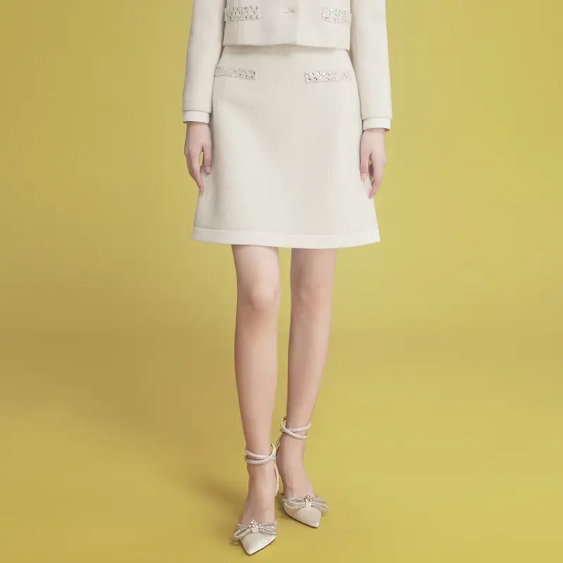 LIME/莱茵【鎏金派对】23冬钻饰香风轻奢半裙象牙白LMEDNAWSK606