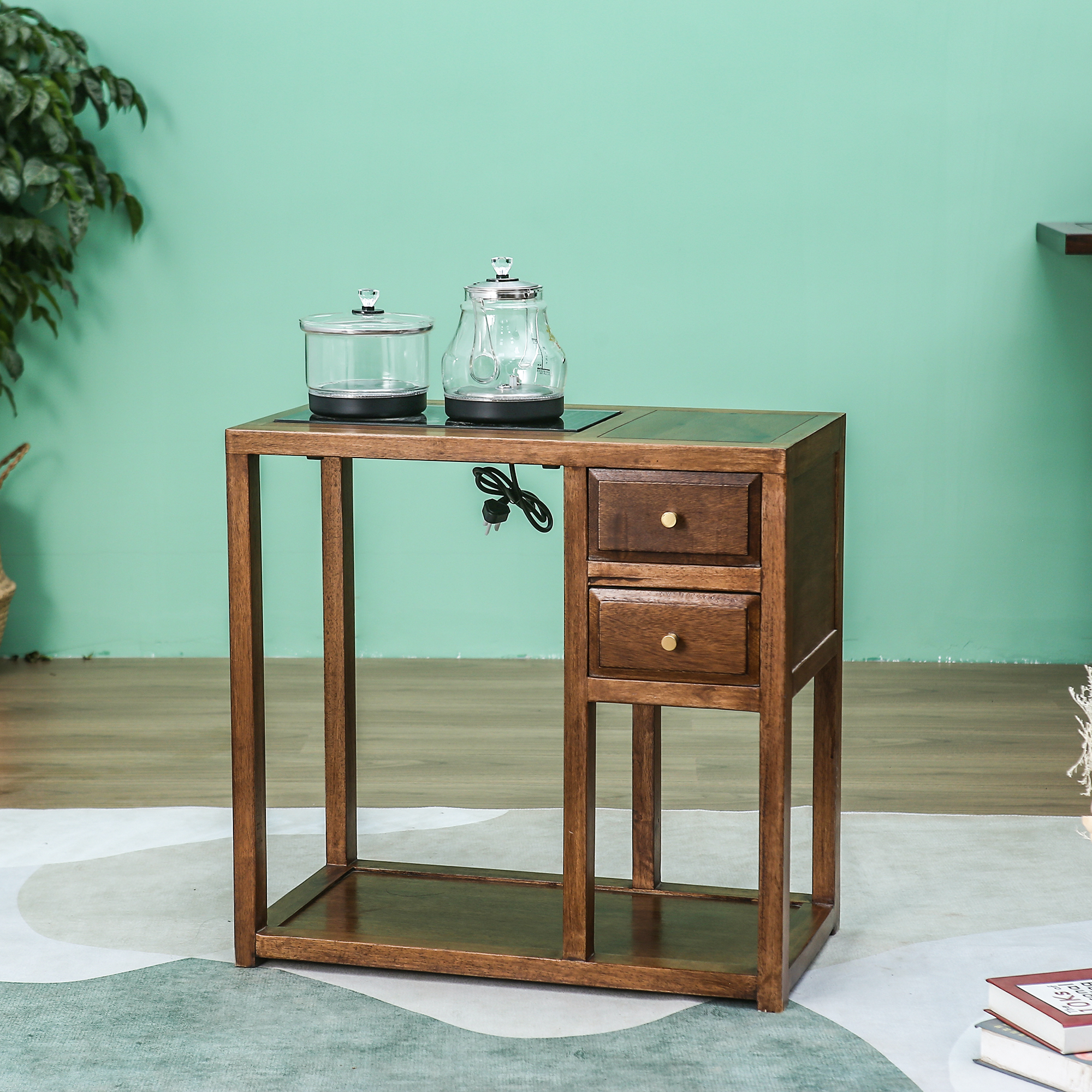 胡桃木双抽茶水柜边角柜茶桌小茶几新中式茶几简约