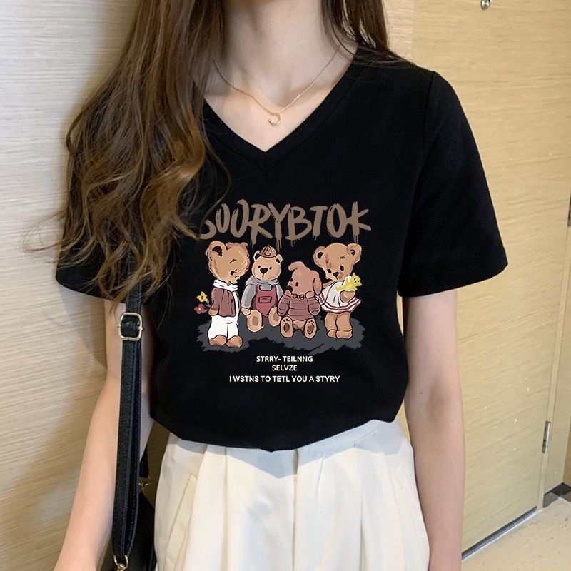 100%纯棉短袖女2023年夏新款V领宽松黑色t恤女装学生上衣ins潮
