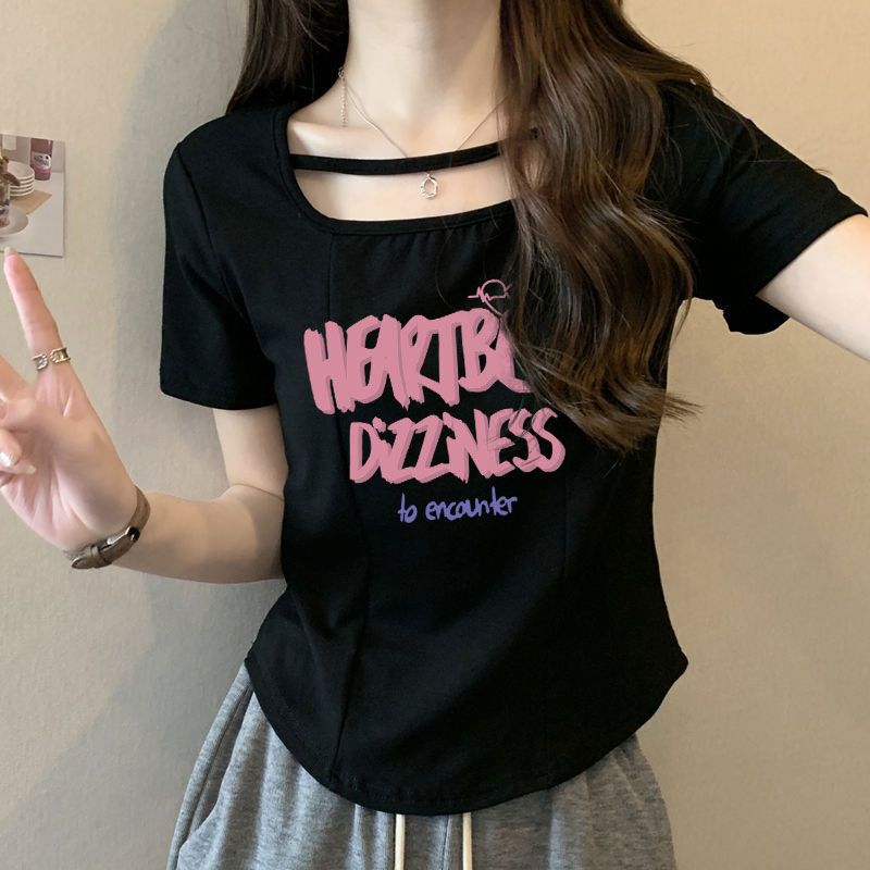 大码女装漏锁骨短袖t恤设计性感打底衫独特别致纯欲镂空鱼骨上衣