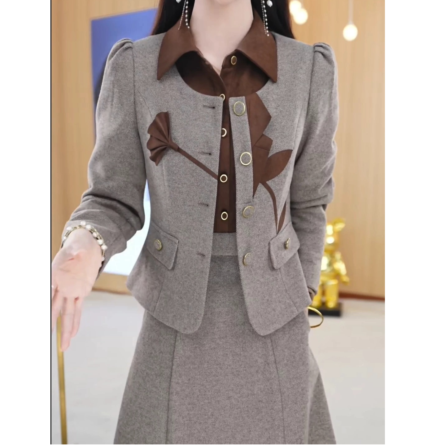 梦想服饰2024秋冬新款套装时尚洋气遮肚显瘦小香风a字裙子女8083