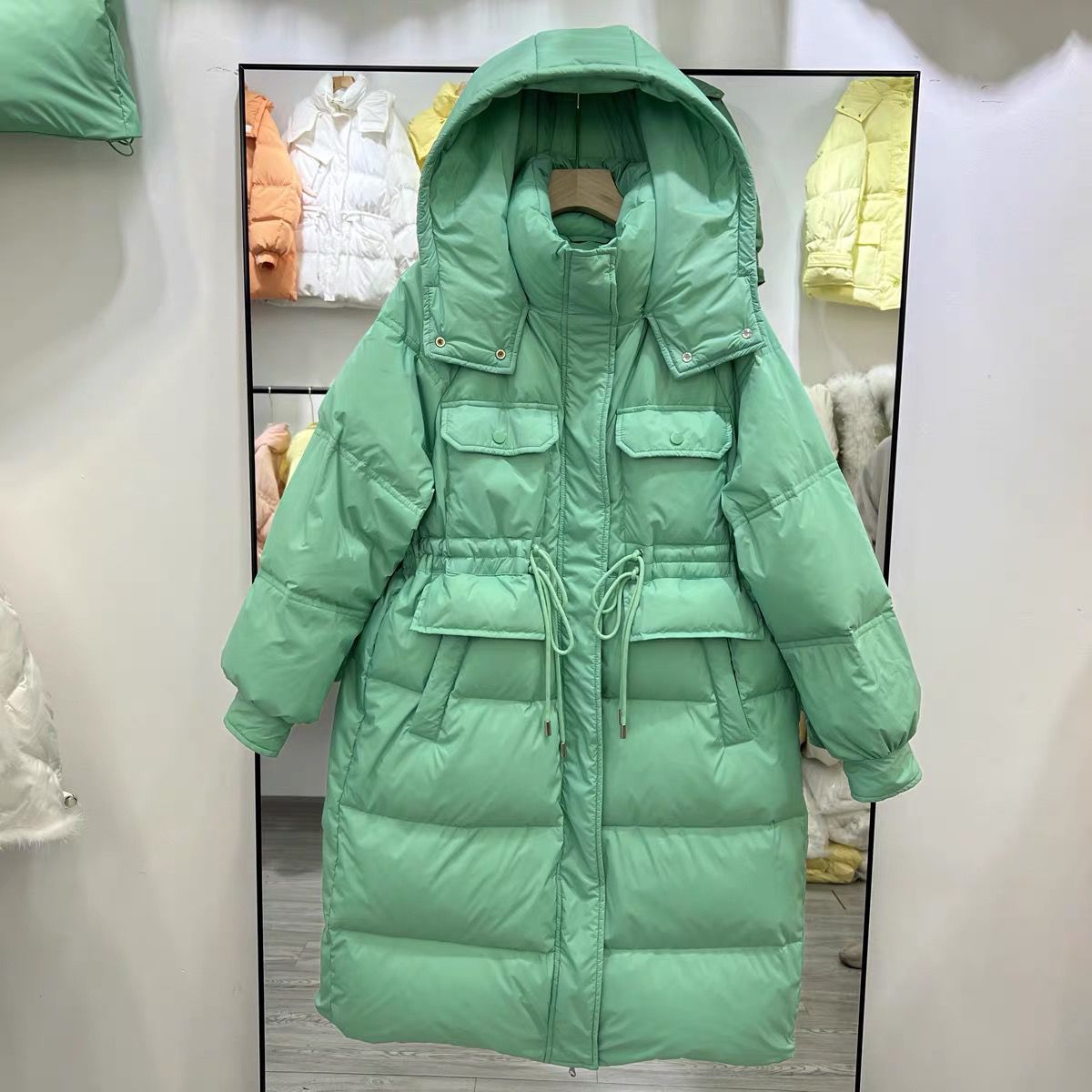 雅鹿2023新冬季羽绒服女中长款过膝加厚收腰连帽多口袋白女童时尚
