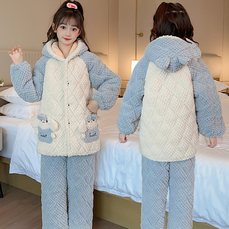 女童冬季加厚保暖睡衣套装女孩中大童长款卡通珊瑚绒外穿家居服
