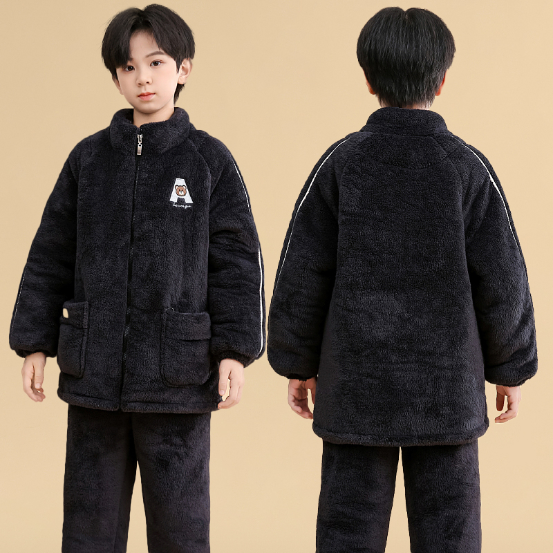 男童冬季三层加绒加厚睡衣男孩小孩宝宝休闲外穿保暖家居服套装