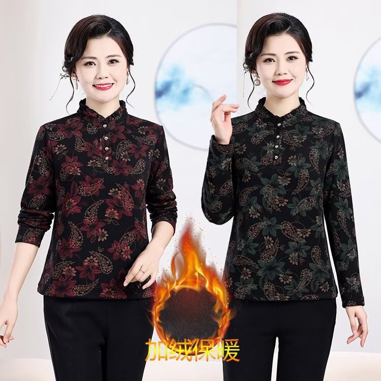冬季时尚印花加绒打底衫女百搭洋气妈妈装遮肉显瘦保暖长袖上衣