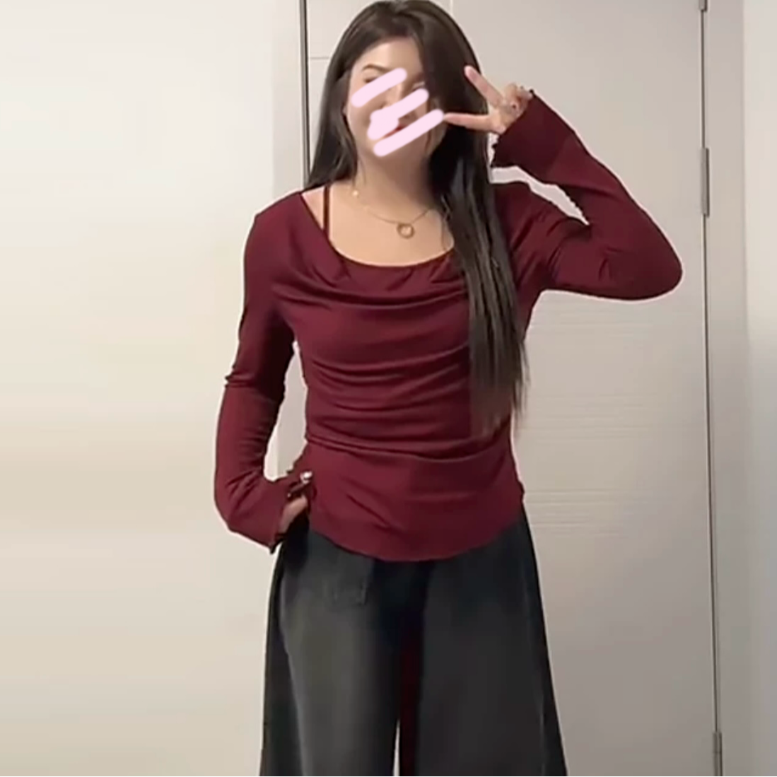 多禧家-荡领挂脖上衣女木耳边长袖T恤早秋新款宽松大码显瘦女装