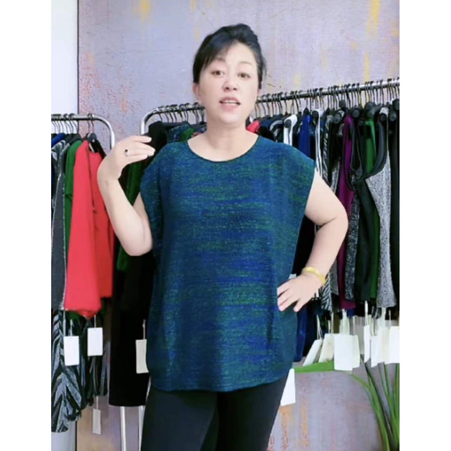 妙唐亮丝时尚大码新款弹力女士上衣6173蓝绿