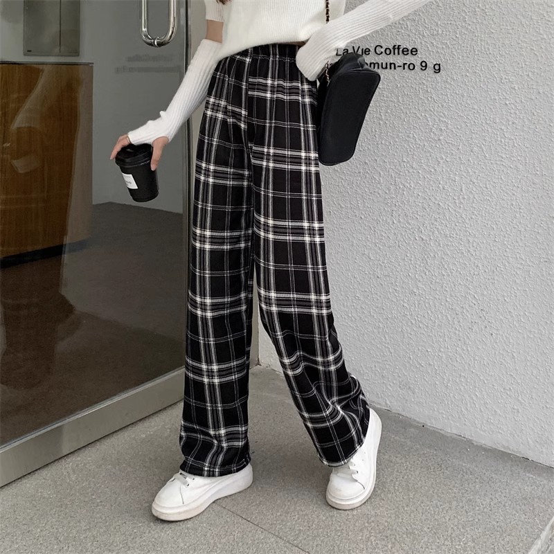 加绒加厚阔腿裤女秋冬新款高腰宽松韩版羊羔绒格子休闲长裤卫裤潮