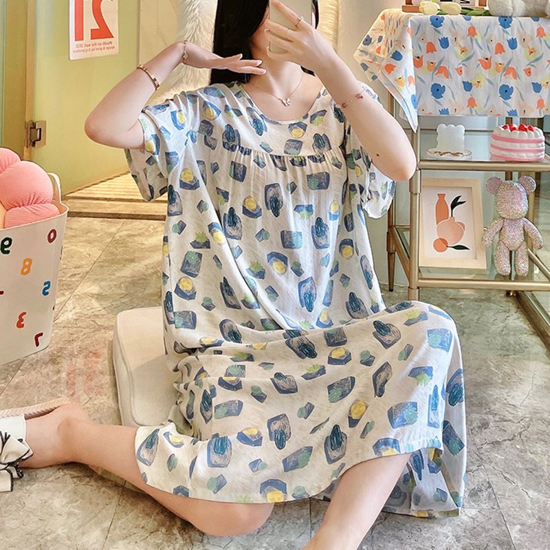 绵绸加长款棉绸睡裙女士短袖加大码睡衣夏季甜美人造棉布家居睡衣
