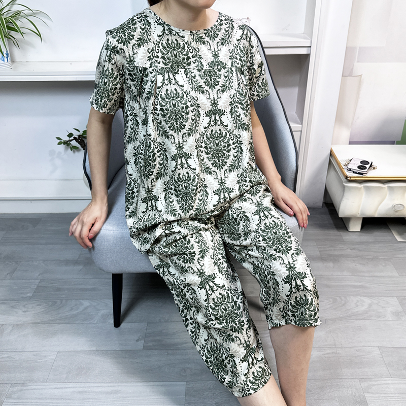 新款宽松中年妈妈绵绸睡服衣七分裤套装大码季短袖人造棉绸家居服