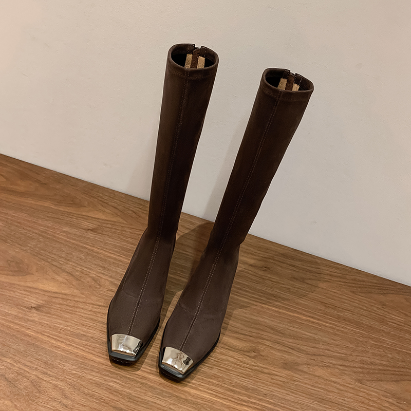 新款金属小方头5厘米弹力瘦瘦靴粗跟长筒瘦瘦鞋中跟时尚女靴子