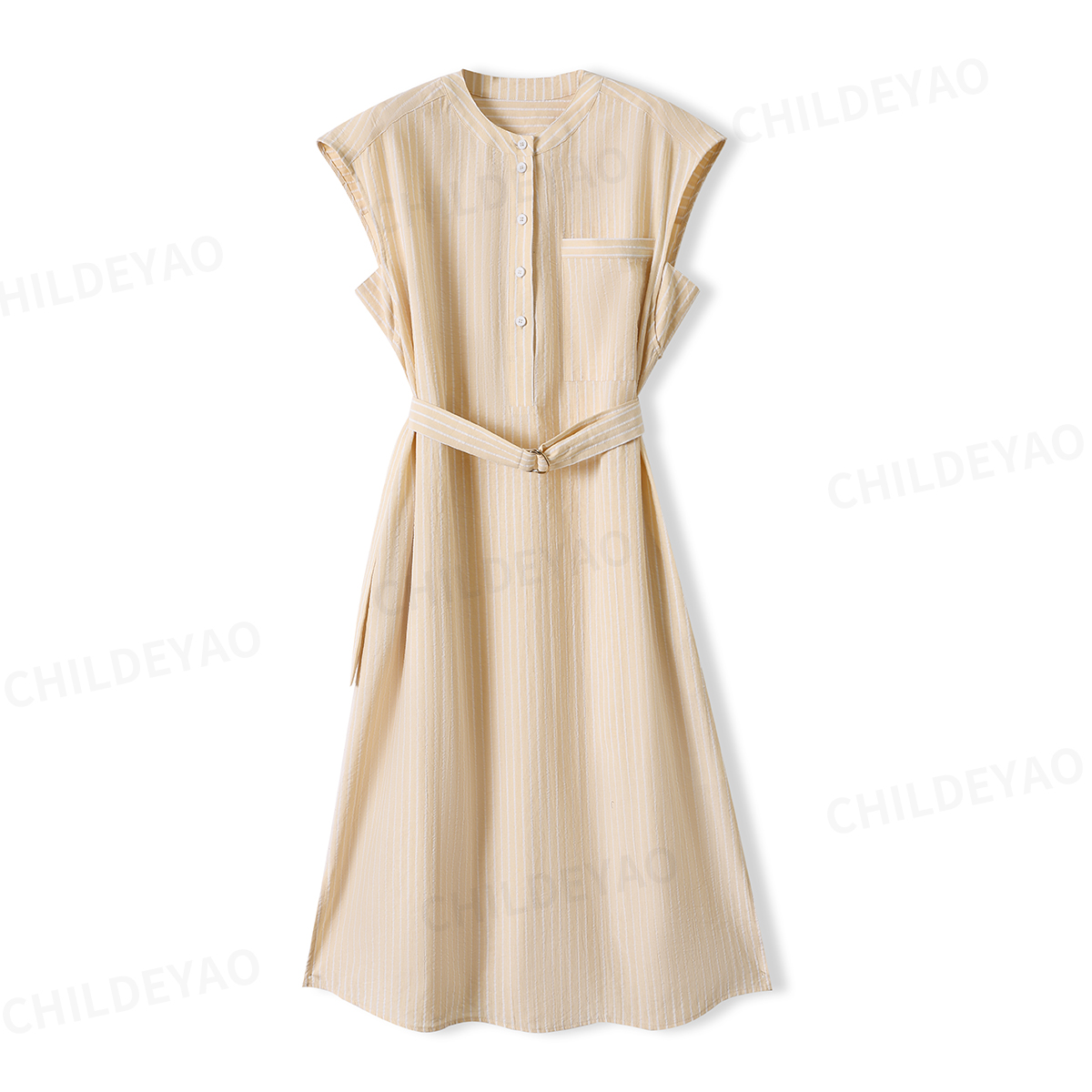 Childe Yao『向云端』气质立领飞袖条纹棉系带休闲连衣裙 L407026
